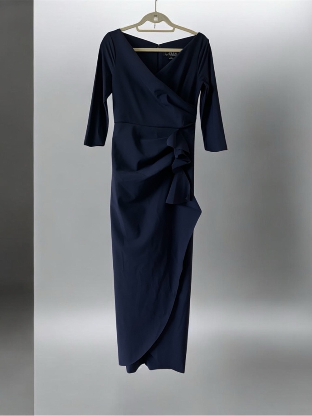 Alex Evenings Faux Wrap Cascade Ruffle Jersey Gown Navy Blue NWT Size 6 - Picture 4 of 16